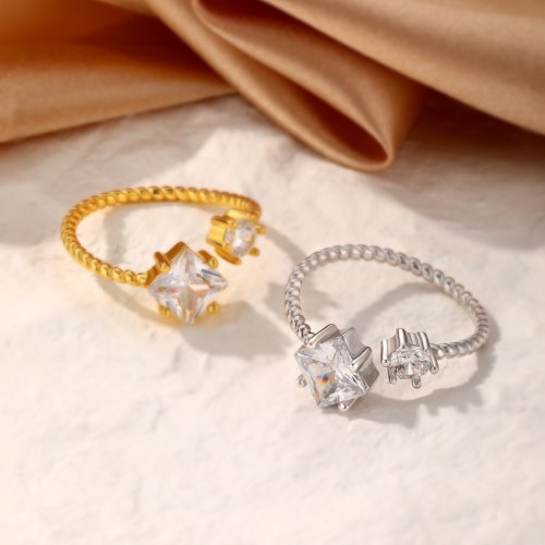 Glowy Jewelry 【手作】純銀開口可調節戒指 - 5A 比利時鋯石 - 925純銀 14K黃金