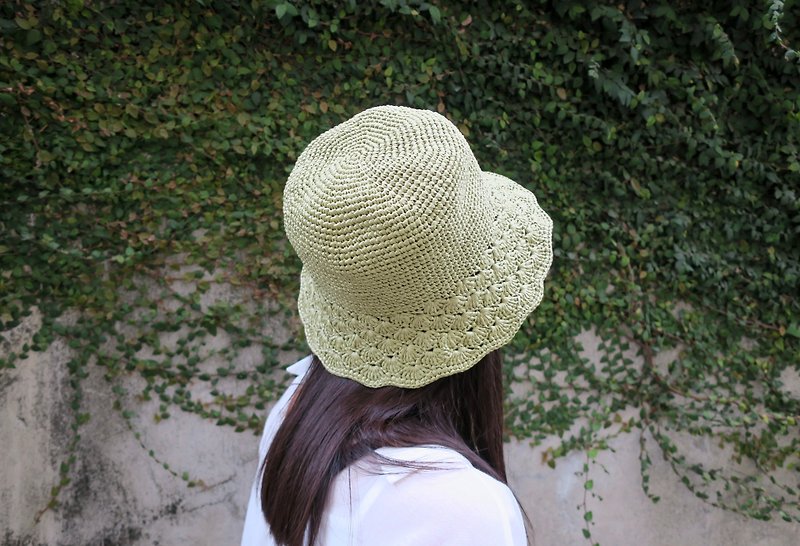 Hand-knitted hat/summer raffia straw hat/vintage loose edge fisherman hat/mustard green/gift - Hats & Caps - Paper Green