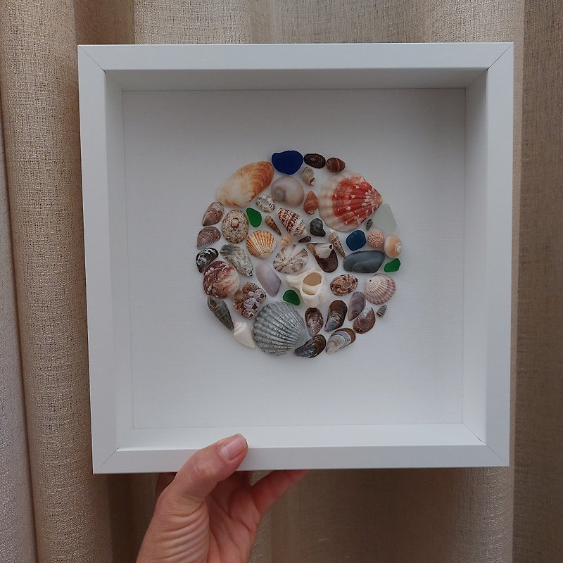 Picture  Sea glass, sea shells  in a frame. Wall art made from seashells. - Wall Décor - Other Materials White