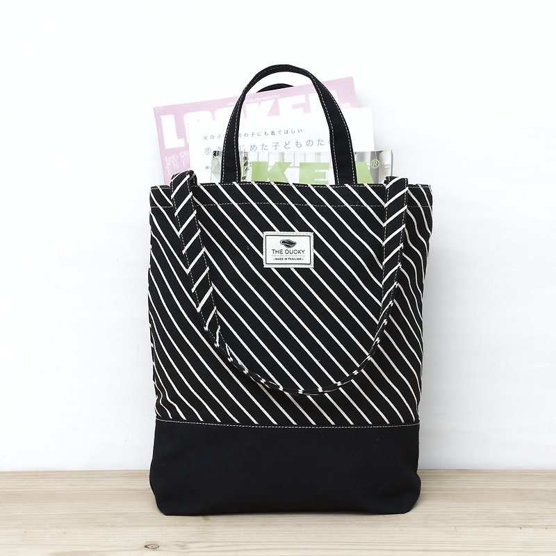 棉．麻 手拿包 - 2way-tote - black oblique stripes