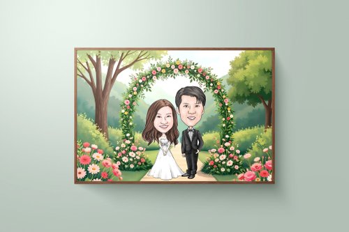 Cherryion 櫻離子工作室 客製化禮物 手繪定製卡通風人像有框畫布 似顏繪情侶結婚新婚禮物