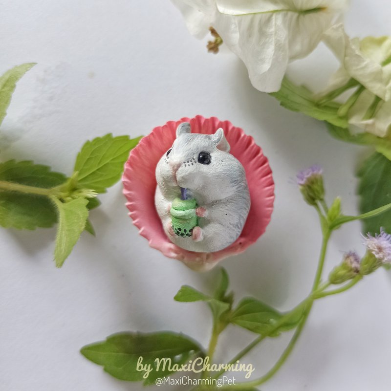 Hamster necklace Gray white colors Cute gift for girl Pet eating bubble tea - Necklaces - Plastic Silver