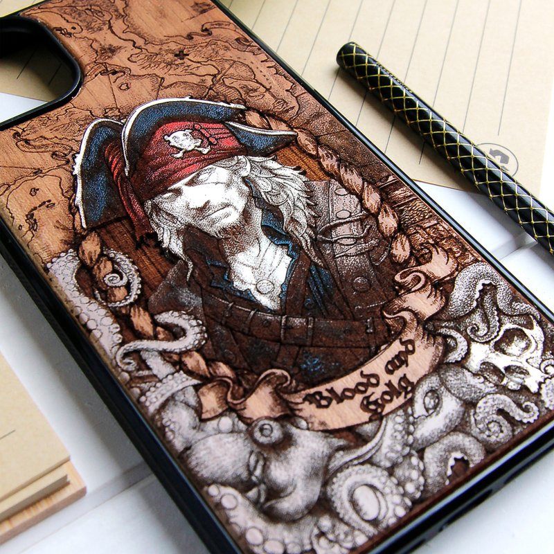 Blood And Gold -  Phone case wood laser engraved + hand painting - 手機殼/手機套 - 木頭 咖啡色