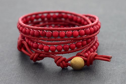xtravirgin 皮革手鐲完全紅色串珠包裹手鍊編織的石頭時髦