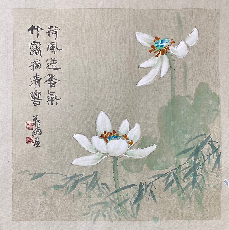 The lotus breeze is elegant and carefree. Lin Feiman, a Taiwanese female calligrapher and painter, has a lotus hanging painting. - Items for Display - Pigment Khaki