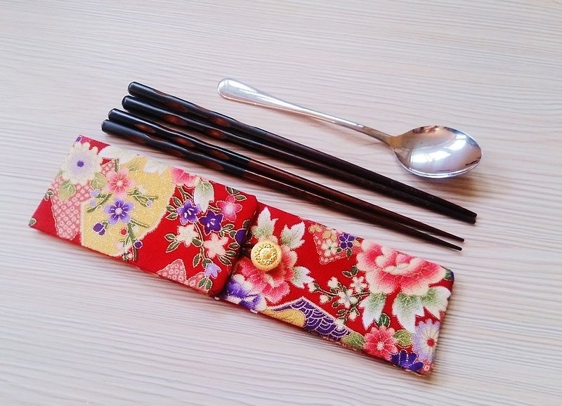 Eco-friendly tableware storage bag, double-layer chopsticks bag, Japanese style red - ช้อนส้อม - ผ้าฝ้าย/ผ้าลินิน สีแดง