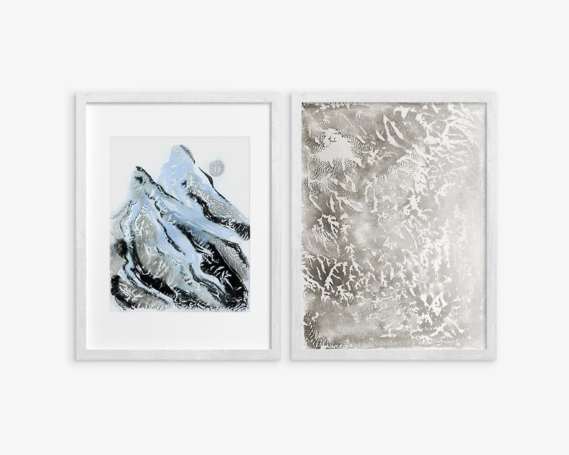 Gallery wall set of 2 Blue abstract mountains Silver relief texture winter wall - โปสเตอร์ - กระดาษ สีเงิน