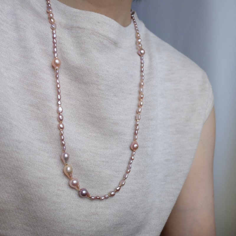 Trickle-Pink and Purple Pearl Necklace + Bracelet Set Baroque Pearl Sweater Chain Multiple Wearing Methods - Necklaces - Pearl 