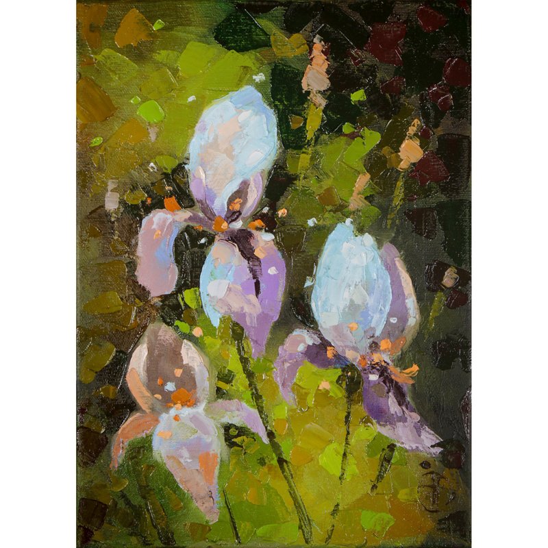 Iris Painting Flowers Oil Painting Florals in Canvas Original Painting Wall Art - 海報/掛畫/掛布 - 其他材質 綠色