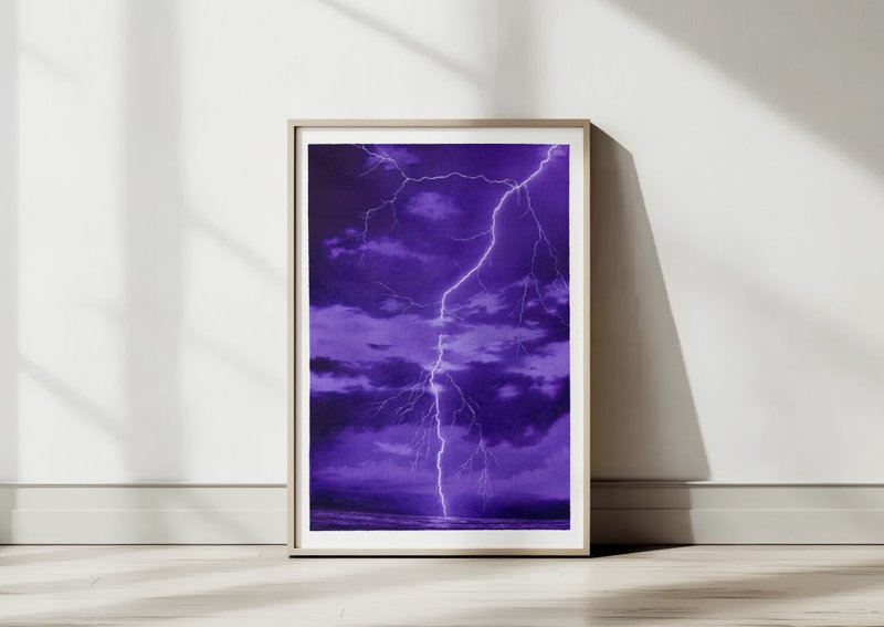 Lightning oil painting, Original artwork Stormy Seascape Thunder Art Wall decor - 壁貼/牆壁裝飾 - 紙 紫色