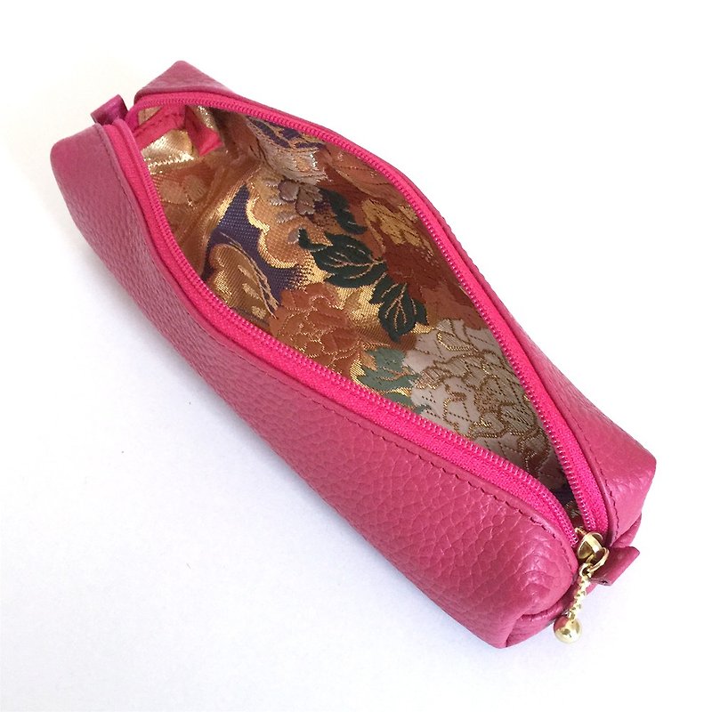 Leather pen case with Japanese Traditional pattern, Kimono "Obi" - Pencil Cases - Genuine Leather Red