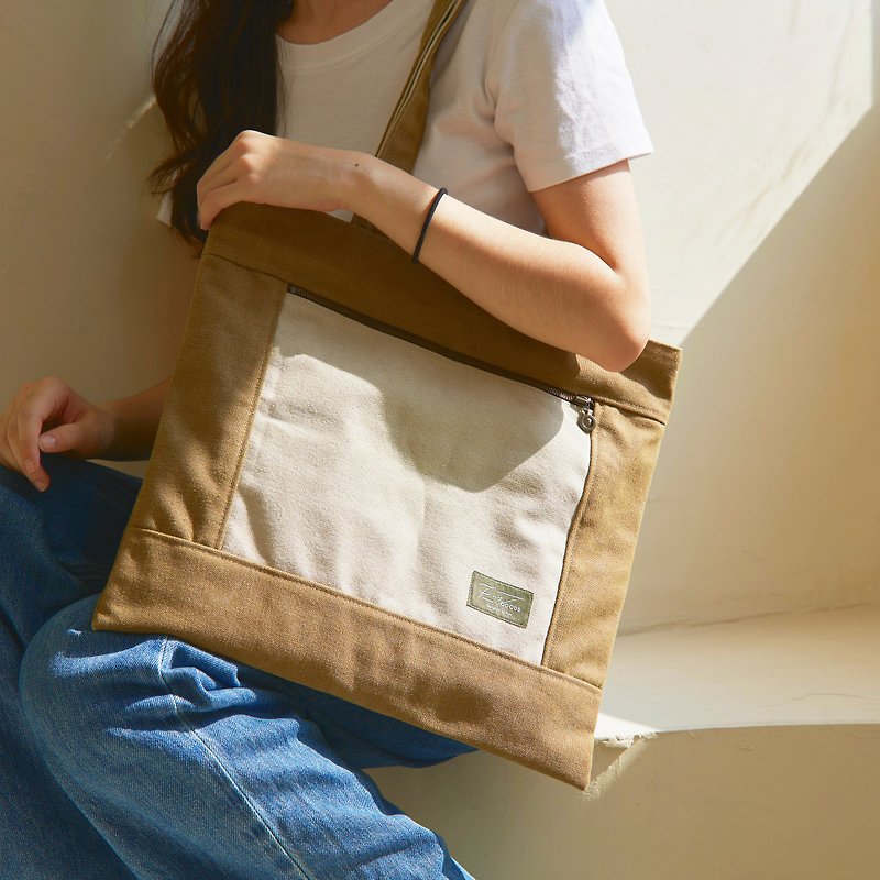 A4 color matching washed canvas zipper bag (linen Brown) - กระเป๋าถือ - ผ้าฝ้าย/ผ้าลินิน สีกากี
