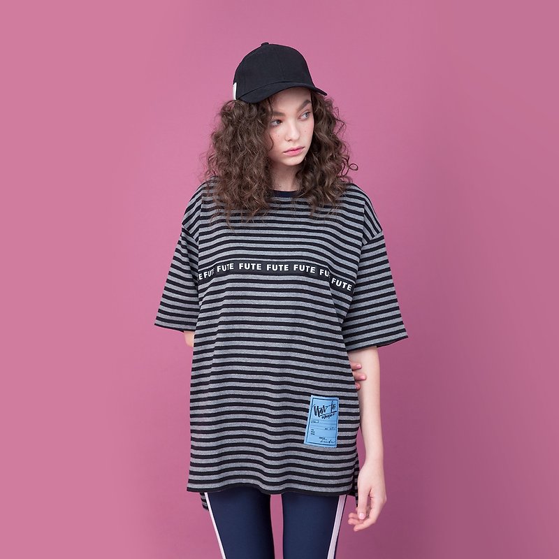 REFLECTIVE STRIPE ROUND NECK STRIPED T SHIRT - Women's T-Shirts - Cotton & Hemp Gray