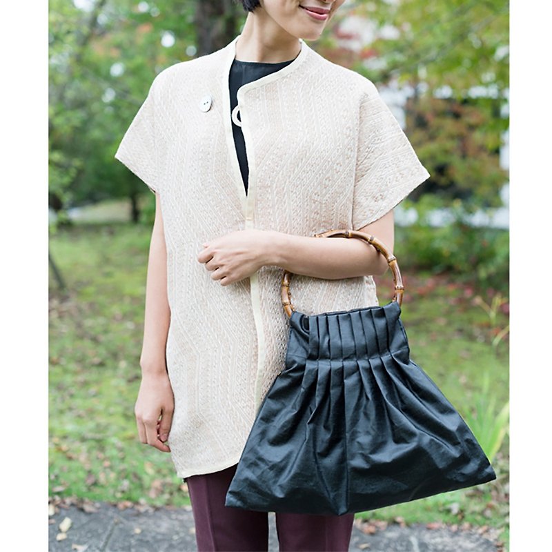 Glaze Linen bamboo hand bag large - กระเป๋าถือ - ผ้าฝ้าย/ผ้าลินิน สีดำ