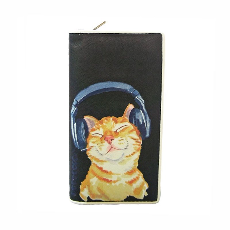 Sleepyville Critters - Music Lover Cat Bi-Fold Zip Around Wallet - กระเป๋าสตางค์ - หนังแท้ สีดำ