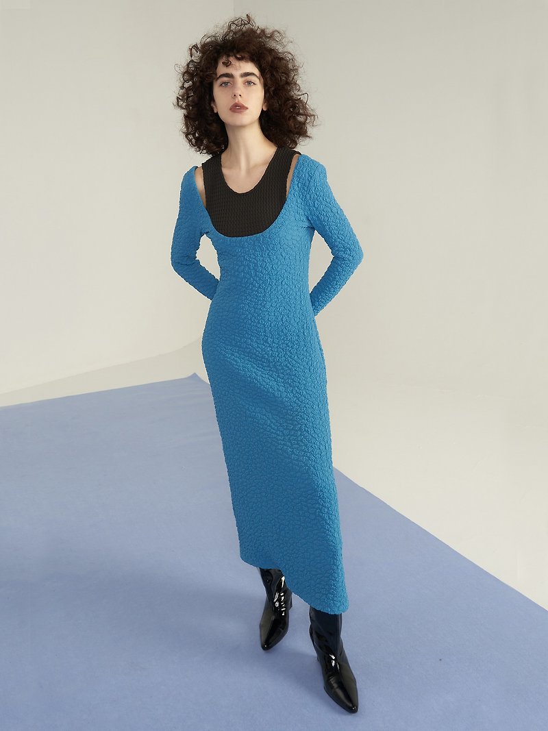 sky blue openwork knitted texture dress - One Piece Dresses - Other Materials Blue