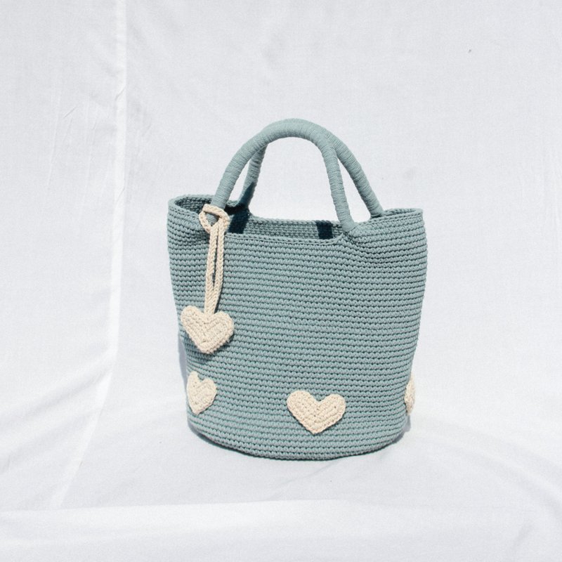 Heart Patchwork on Bucket hand bags (Greyish Blue) - กระเป๋าถือ - วัสดุอื่นๆ สีน้ำเงิน