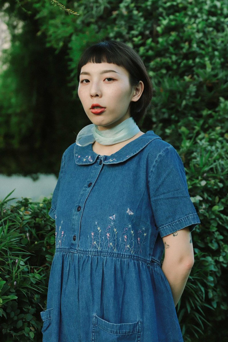 Embroidered denim dress 011, short-sleeved one-piece dress【Tsubasa.Y古着屋】 - ชุดเดรส - ผ้าฝ้าย/ผ้าลินิน สีน้ำเงิน