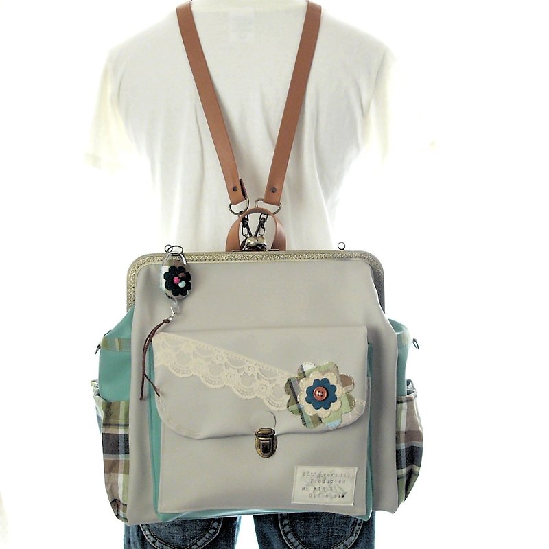3 WAY right zipper attaching BIG rucksack full set check flower gurege × mint gr - Backpacks - Genuine Leather Gray