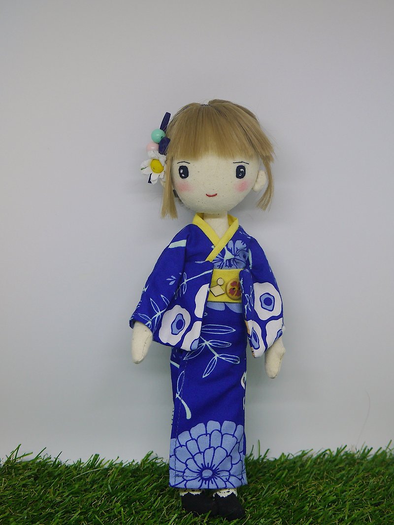 Handmade doll- Cute Girl in Blue Kimono - ตุ๊กตา - ผ้าฝ้าย/ผ้าลินิน 