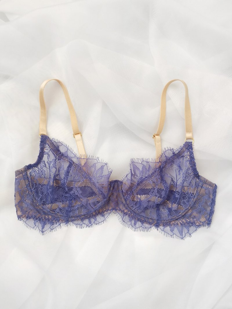 Purple lace bra - Blue color lingerie - Sexy sheer underwear - 女內衣褲 - 聚酯纖維 紫色