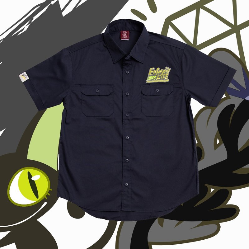 [Seasonal Sale] ALIFE Good Slogan Work Shirt - Navy Blue ~ Boys Version - Men's Shirts - Cotton & Hemp Blue