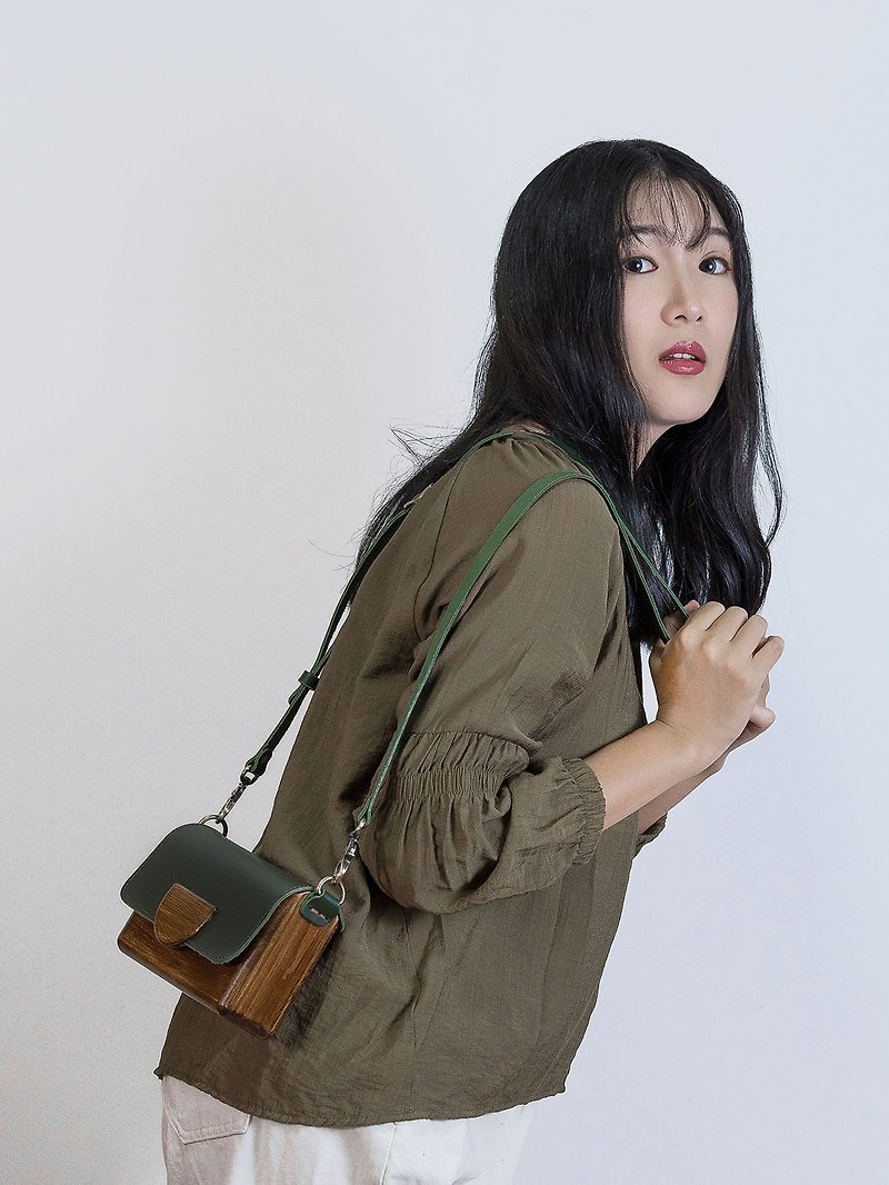 Handmade leather wooden bag slung retro small square moon half round wooden bag cowhide bag dark green van Gogh & mountain with - Messenger Bags & Sling Bags - Wood Green