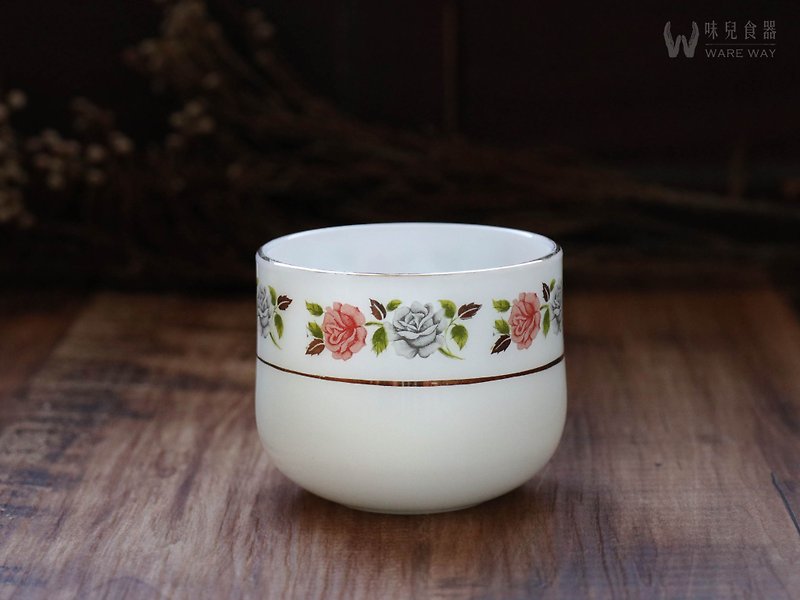 早期茶水杯－牛奶玫瑰 (舊物/老件/碧悠/耐熱玻璃/圖花) - 茶具/茶杯 - 玻璃 白色