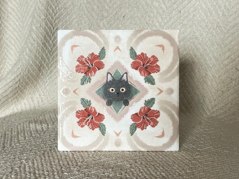 Tile peek-a-boo coaster black cat | Wedding souvenir Yingge ceramic three-dimensional pattern wooden gift box - ที่รองแก้ว - ดินเผา หลากหลายสี