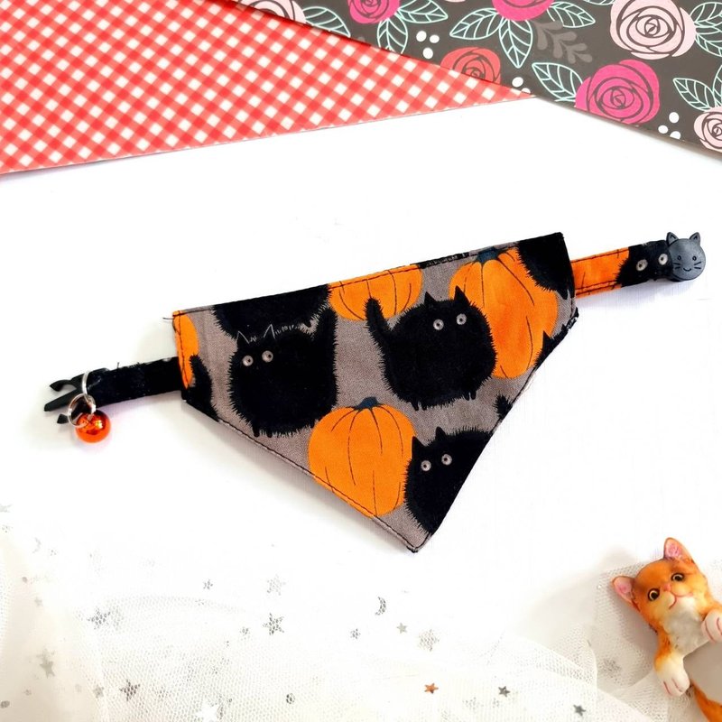 Pumpkin Black cat Halloween fabric Cat Collar with Breakaway Safety Buckle - Collars & Leashes - Cotton & Hemp Orange