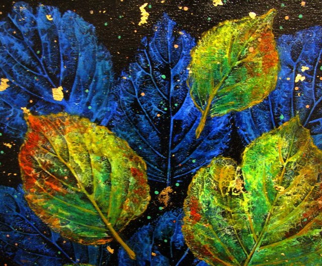 植物風の葉のアクリル絵の具、キャンバス パネル、木製フレームに額装