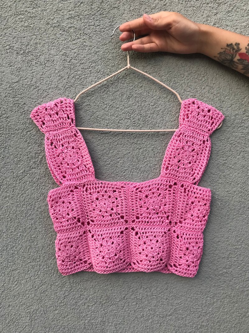 Crocheted 100% cotton crop top in granny square technique - Women's Tops - Cotton & Hemp Pink