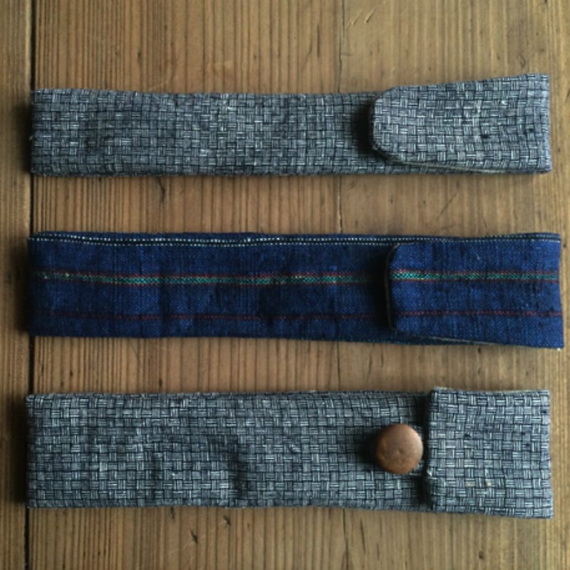 灰色細格 藍色條紋 手織布隨行鋼筆袋  土布老布複古外出便文具袋 - 鉛筆盒/筆袋 - 棉．麻 灰色