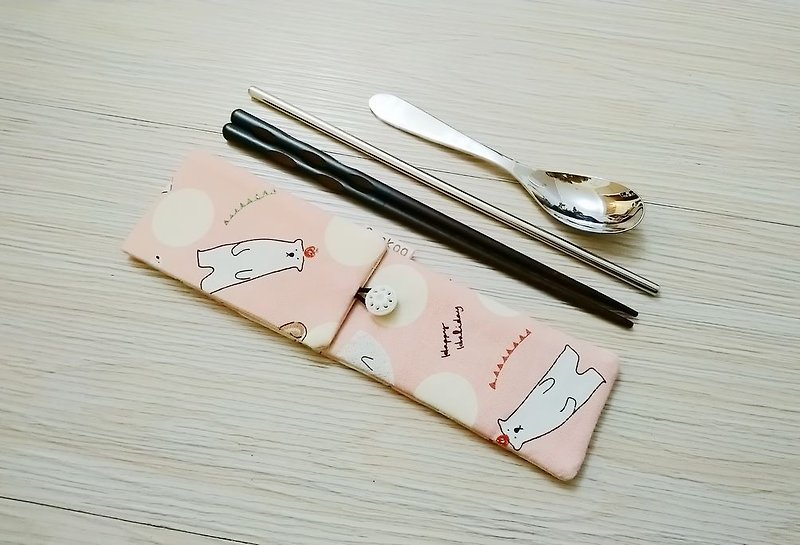 Eco-friendly tableware storage bag tableware set double chopsticks bag white bear - Cutlery & Flatware - Cotton & Hemp 
