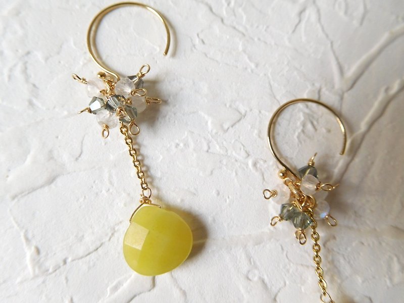 14K gold-plated lemon yellow moonstone crystal hook earrings - ต่างหู - วัสดุอื่นๆ สีเหลือง