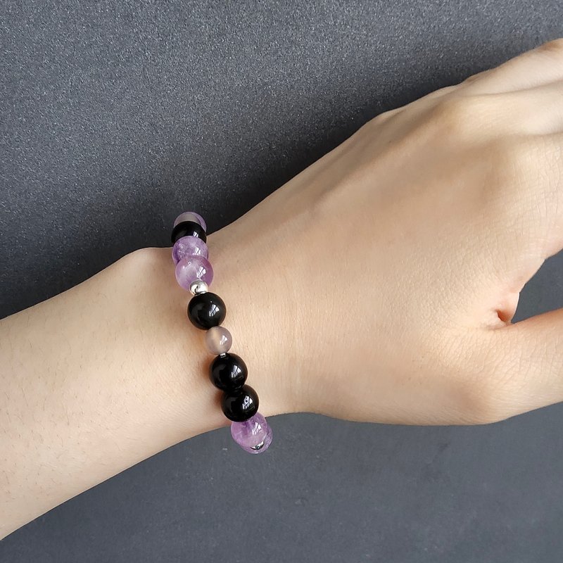 Purple Smoke | Natural mineral crystal amethyst obsidian lime agate sterling silver bracelet - สร้อยข้อมือ - คริสตัล สีม่วง