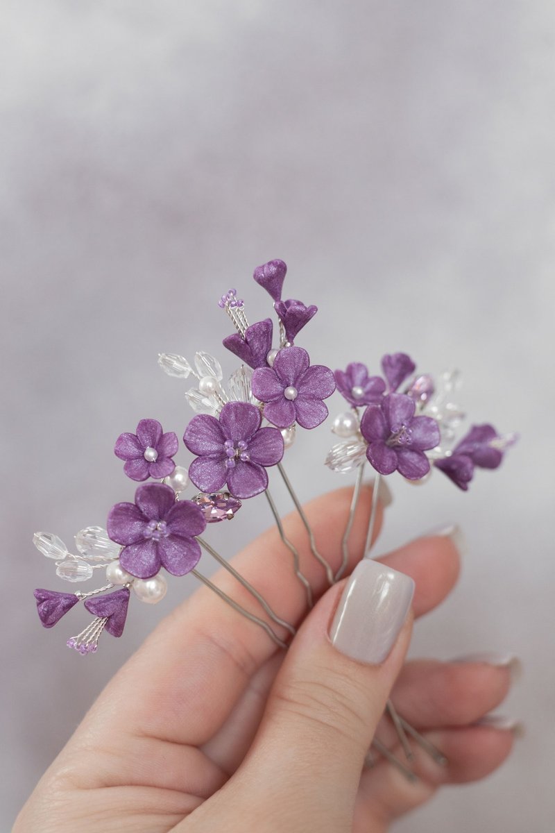 Lilac set of hair pins, Floral wedding piece, Bright purple bridal headpiece - Hair Accessories - Clay Purple