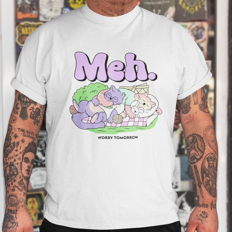 Meh Cat 中性短袖T恤 白色 交換禮物快速出貨貓咪卡通插畫瘋設祭 - 男 T 恤 - 棉．麻 白色