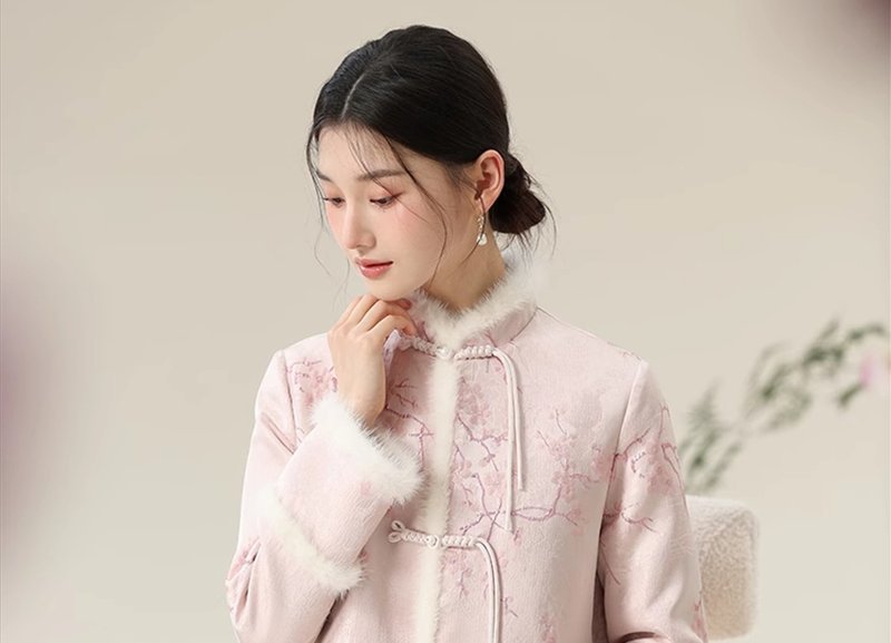 新中式中國風 夾棉保暖溫柔織金提花 外套/半裙 - 女上衣/長袖上衣 - 棉．麻 粉紅色