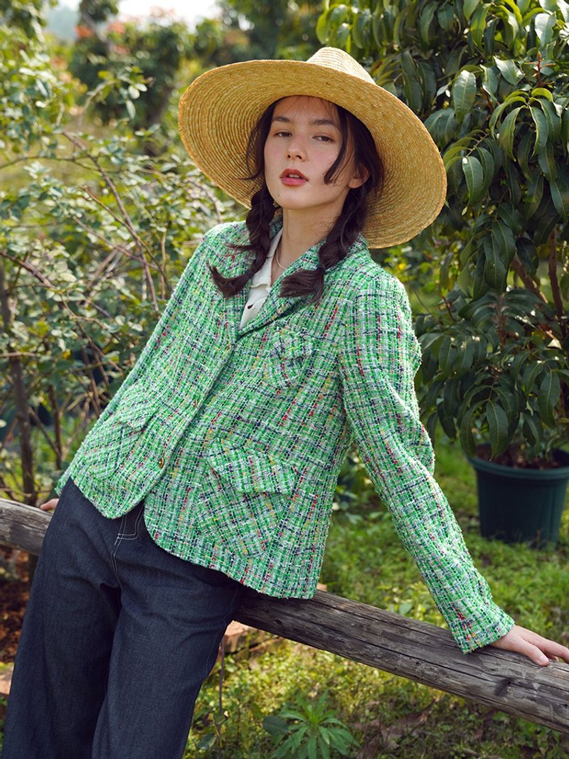 進口花呢小香風春日彩綠西服外套 - 女西裝外套 - 聚酯纖維 綠色