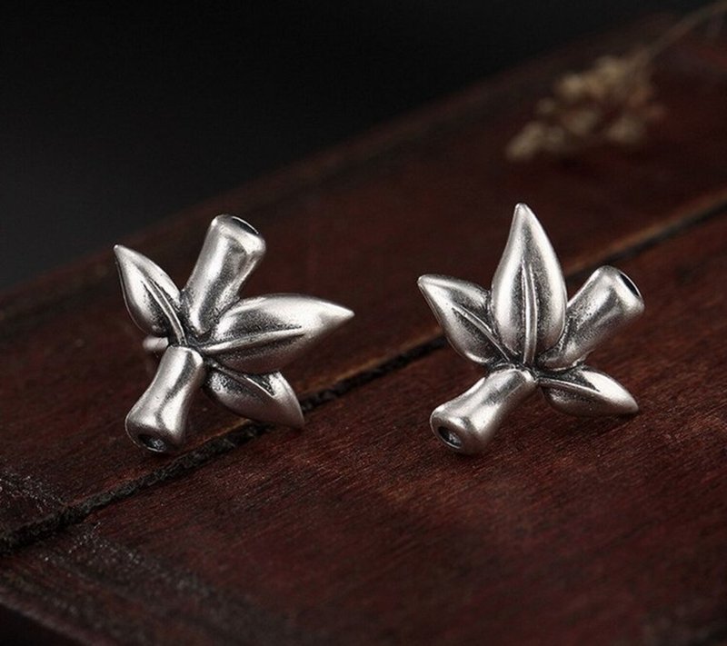 Real 925 Sterling Silver Handmade Bamboo Stud Earrings Women Fine Jewelry - Earrings & Clip-ons - Sterling Silver Silver