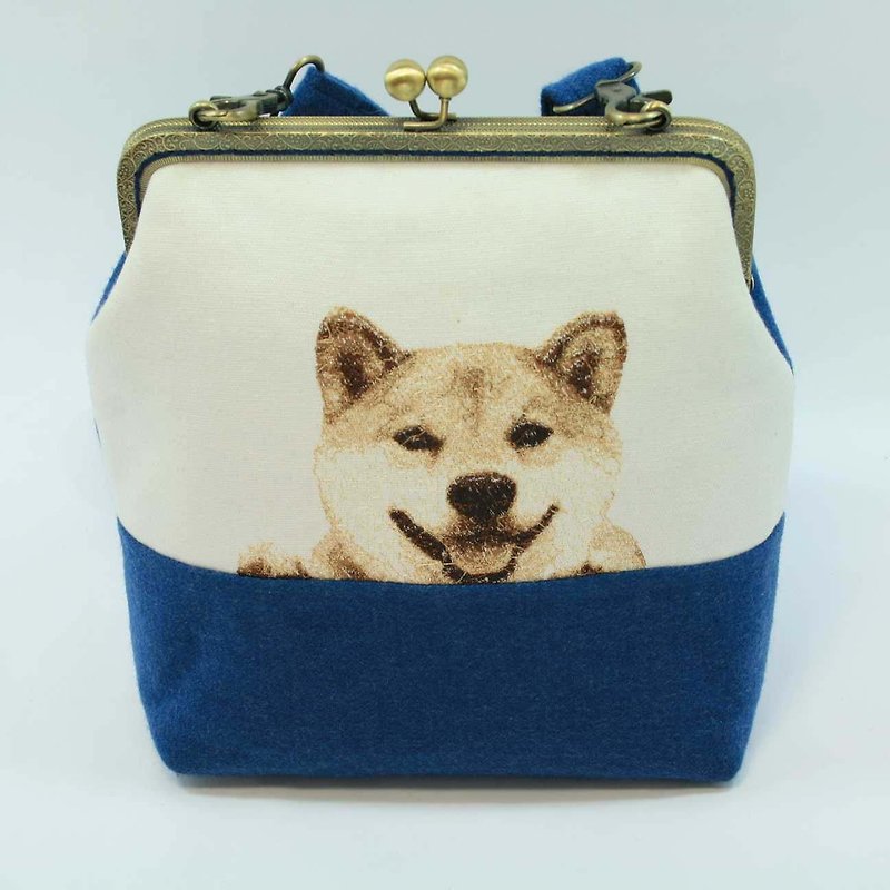 刺繡20cmㄇ型ゴールドクロスボディバッグ01--柴犬 - ショルダーバッグ - コットン・麻 ブルー