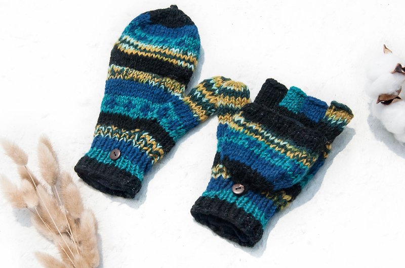 Hand-knitted pure wool knit gloves / detachable gloves / inner bristled gloves / warm gloves - blue starry sky - Gloves & Mittens - Wool Blue