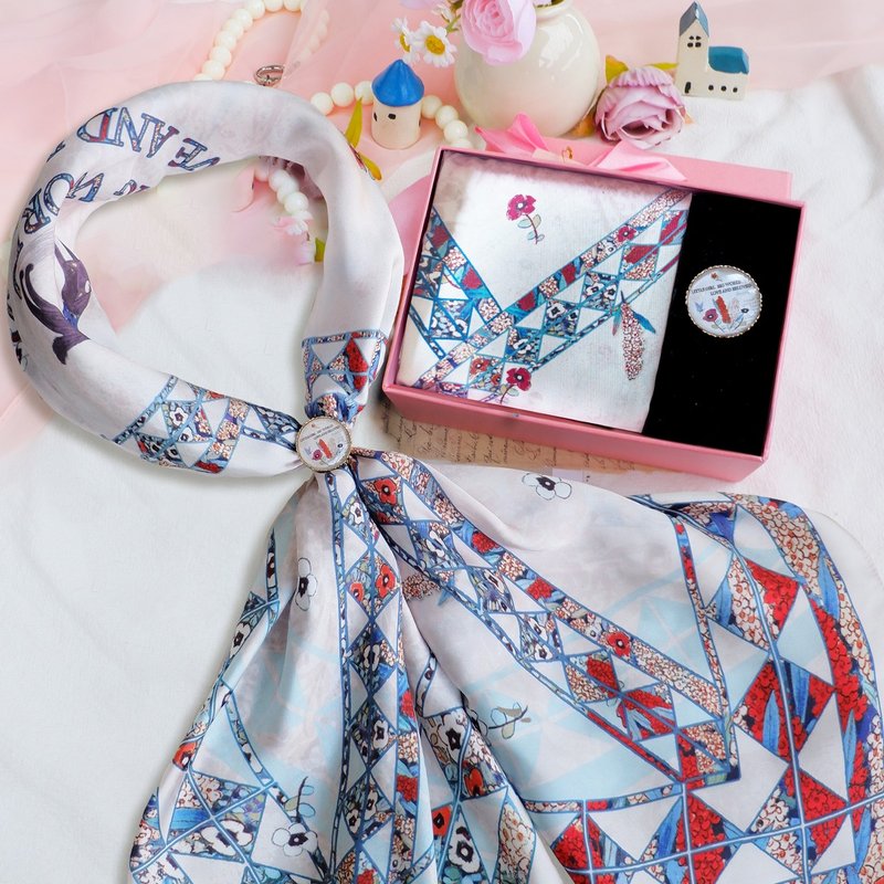 [Scarf Gift Box] Retro floral silk scarf + pure copper gold-plated three-ring scarf buckle premium gift box set - ผ้าพันคอ - ผ้าไหม 