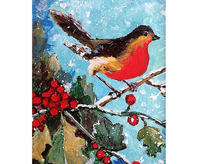 冬の鳥の絵、オリジナルの手描きのアクリル絵の具、クリスマスのアート