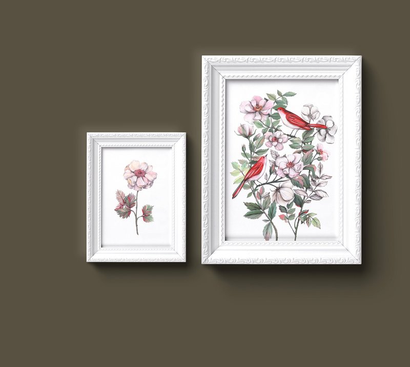 Set of 2 Red Birds Original Gouache Paintings Pink Roses Art A3 A5 - Illustration, Painting & Calligraphy - Paper Pink