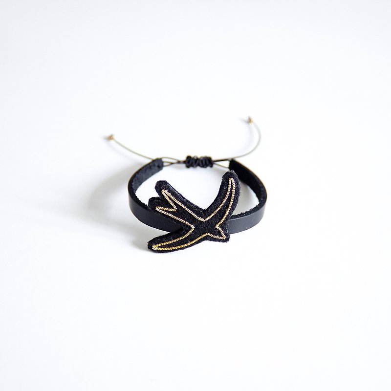 Handmade Metal Embroidery Leather Bracelet, Bangles, Swallow Pattern - Bracelets - Genuine Leather Black