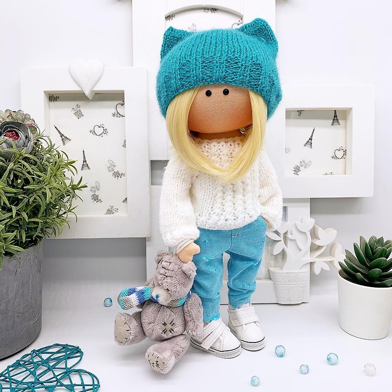 Tilda Doll with Cute Teddy Bear Handcrafted Decorative Doll - Stuffed Dolls & Figurines - Other Materials Blue