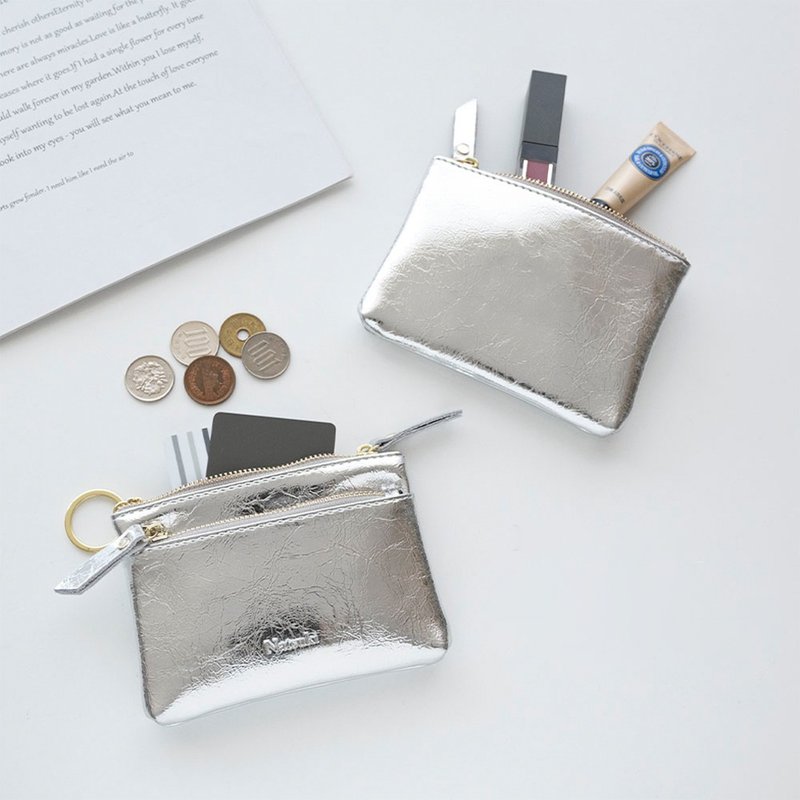 【 雙拉鍊多功能收納包 A 蓋章 】 銀色 小包 零錢包 迷你錢包 卡片夾 防盜刷 皮革 蓋章 禮物 HR25U - 化妝包/收納袋 - 真皮 銀色