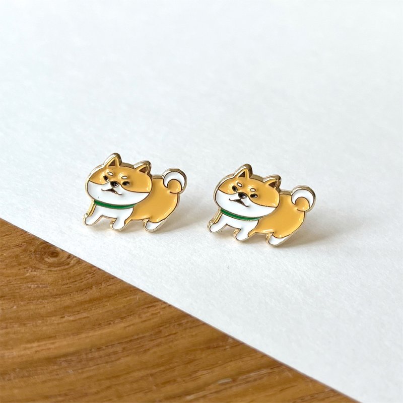 Meow love animals - shiba earrings - ต่างหู - วัตถุเคลือบ สีนำ้ตาล